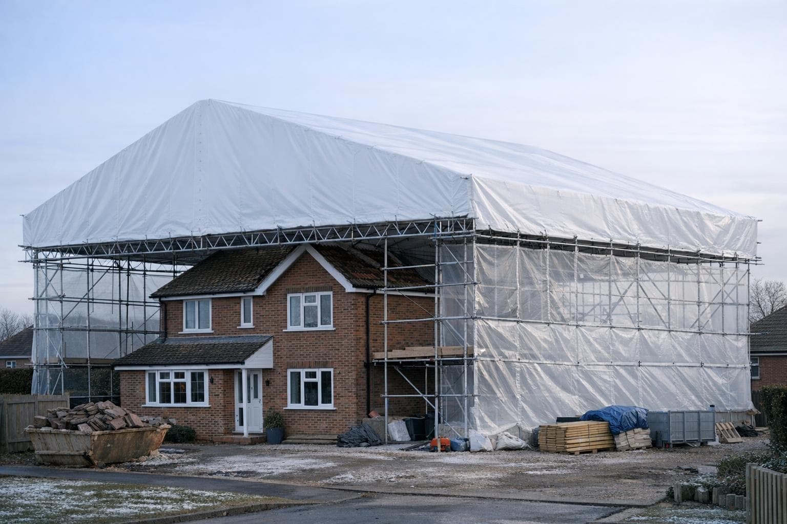 Temporary roof scaffold for winter reroof in Kingston project image