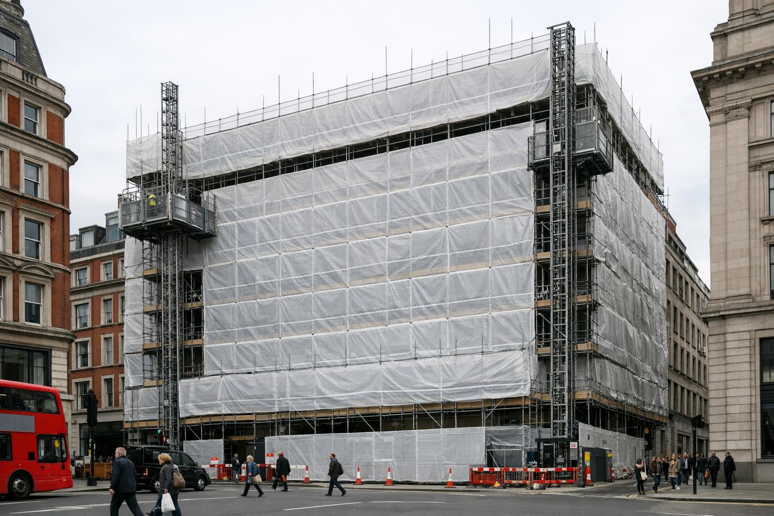 Commercial facade access scaffold for central London refurbishment