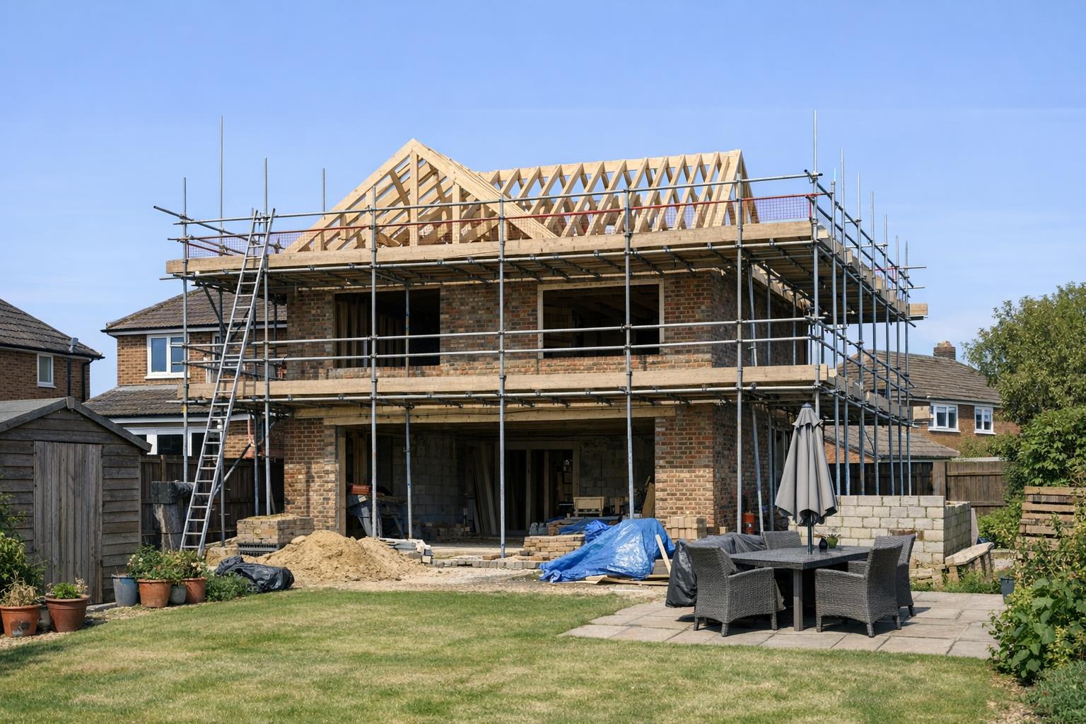 Domestic extension scaffold with side-return access in Guildford